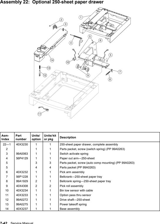 Assembly 22: Optional 250-sheet paper drawer parts diagram - Lexmark 2000-sheet Hi-Cap Drawer T64x Parts