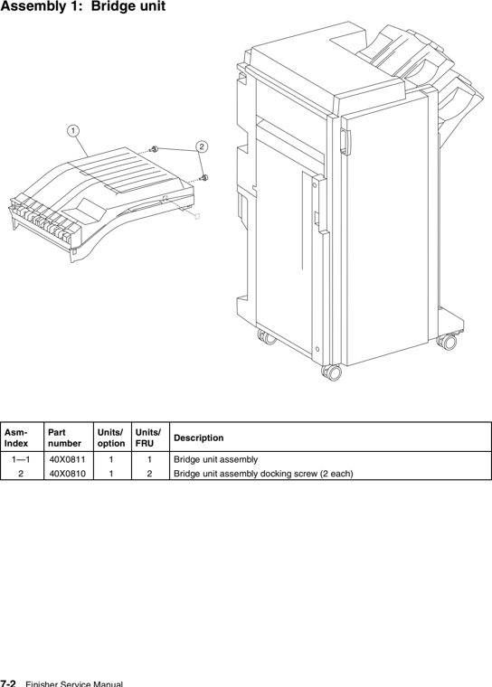 Assembly 1: Bridge unit parts diagram - Lexmark W840 W850 X85x X86x Finisher Parts