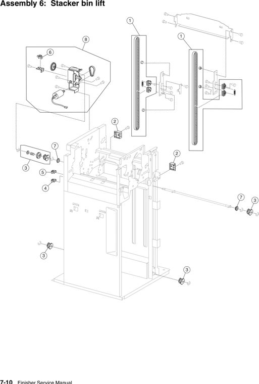 Assembly 6: Stacker bin lift parts diagram - Lexmark W840 W850 X85x X86x Finisher Parts