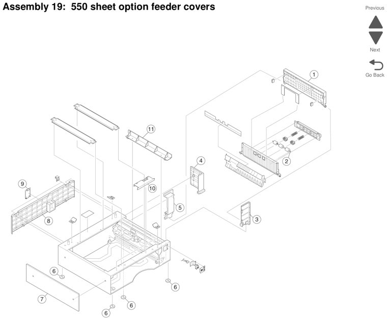Assembly 19: 550 sheet option feeder covers parts diagram - Lexmark X925 Parts