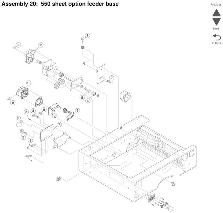 Assembly 20: 550 sheet option feeder base parts diagram - Lexmark X925 Parts