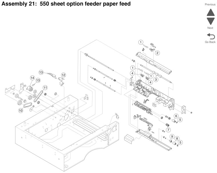 Assembly 21: 550 sheet option feeder paper feed parts diagram - Lexmark X925 Parts