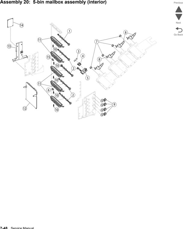 Assembly 20: 5-bin mailbox assembly (interior) parts diagram - Lexmark x792 xs792 x795 xs795 x796 xs796-Parts