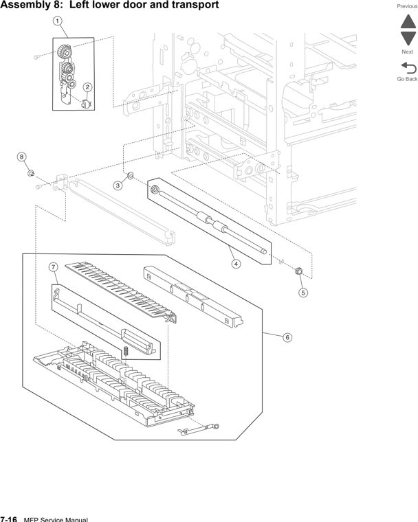 Assembly 8: Left lower door and transport parts diagram - Lexmark X860de, X862de, and X864de Parts