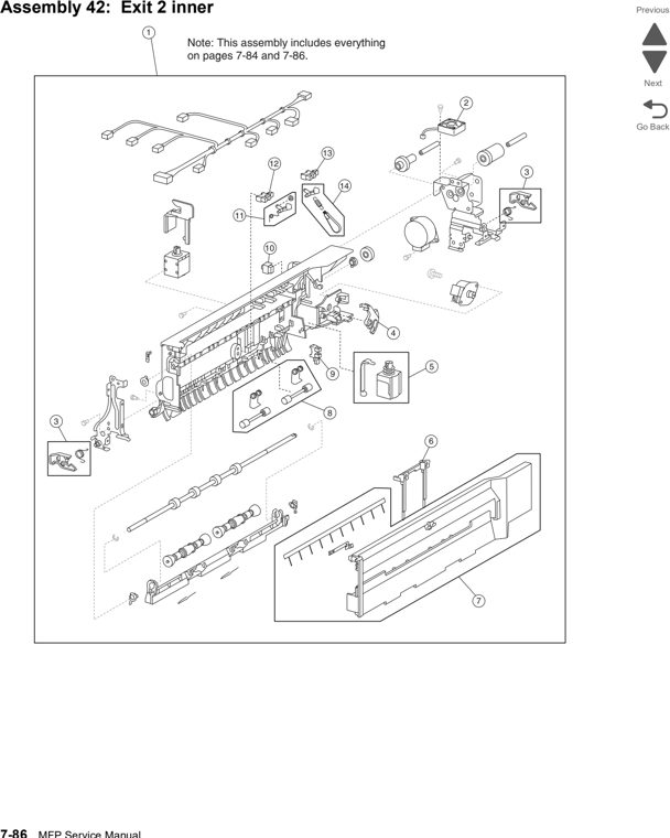 Assembly 42: Exit 2 inner parts diagram - Lexmark X860de, X862de, and X864de Parts
