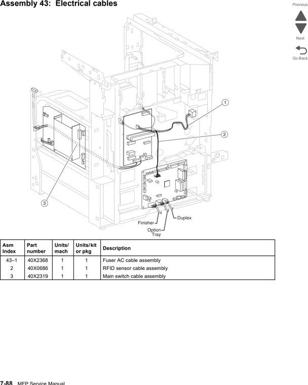 Assembly 43: Electrical cables parts diagram - Lexmark X860de, X862de, and X864de Parts