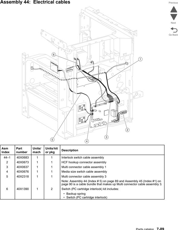 Assembly 44: Electrical cables parts diagram - Lexmark X860de, X862de, and X864de Parts