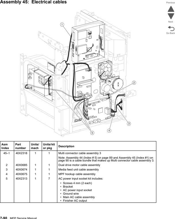 Assembly 45: Electrical cables parts diagram - Lexmark X860de, X862de, and X864de Parts