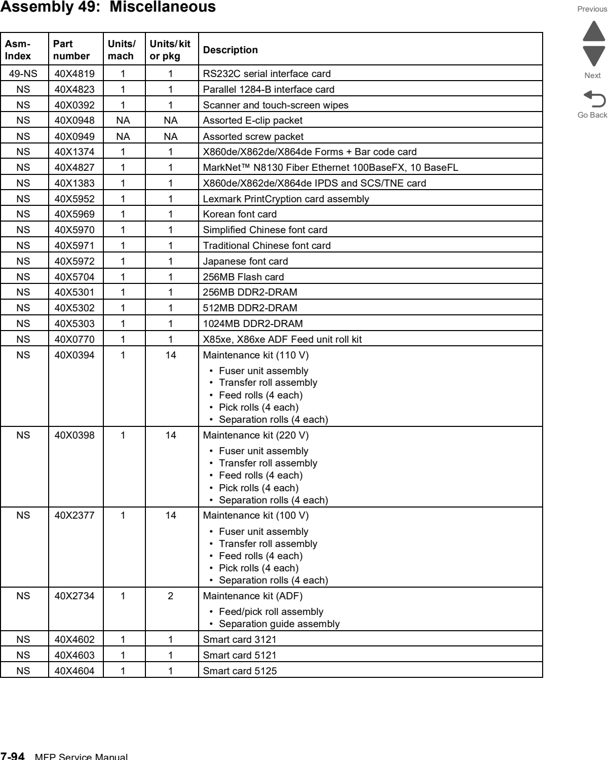 Assembly 49: Miscellaneous parts diagram - Lexmark X860de, X862de, and X864de Parts