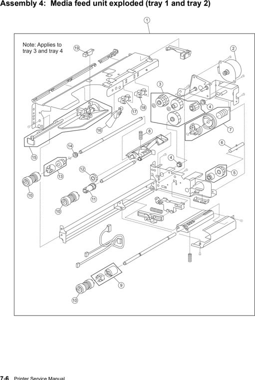Assembly 4: Media feed unit exploded (tray 1 and tray 2) parts diagram - Lexmark W850 Parts