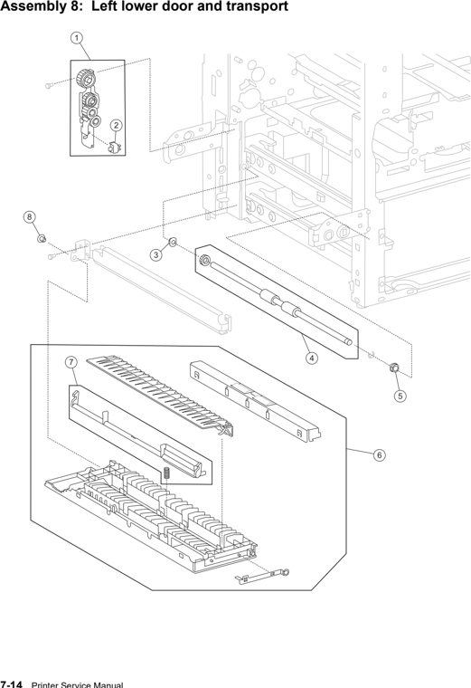 Assembly 8: Left lower door and transport parts diagram - Lexmark W850 Parts