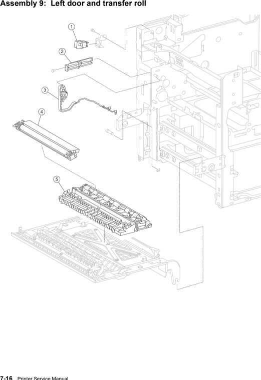 Assembly 9: Left door and transfer roll parts diagram - Lexmark W850 Parts