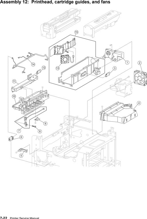 Assembly 12: Printhead, cartridge guides, and fans parts diagram - Lexmark W850 Parts