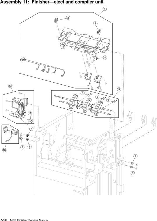 Assembly 11: Finisher–eject and compiler unit parts diagram - Lexmark C935 X940 X945 Finisher Parts