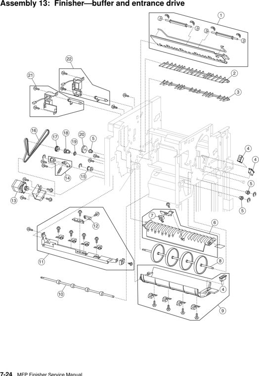 Assembly 13: Finisher–buffer and entrance drive parts diagram - Lexmark C935 X940 X945 Finisher Parts