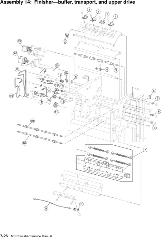 Assembly 14: Finisher–transport and upper drive parts diagram - Lexmark C935 X940 X945 Finisher Parts