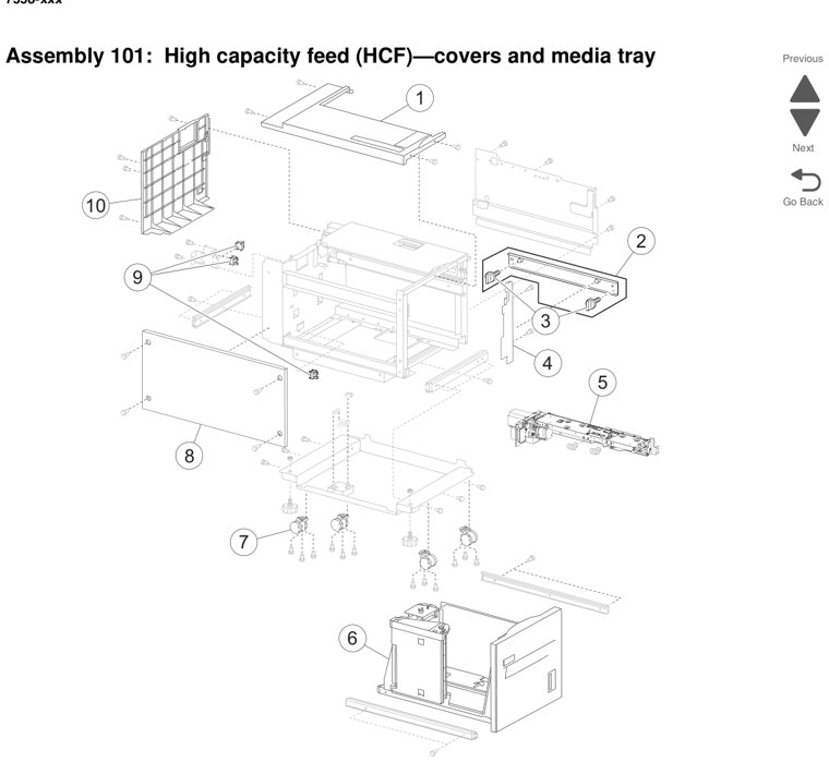 Assembly 102: High capacity feed (HCF)—media tray parts diagram - Lexmark X950 X952 X954 Parts