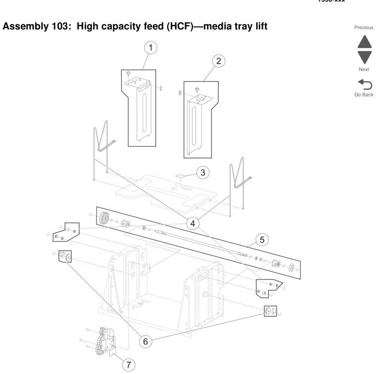 Assembly 103: High capacity feed (HCF)—media tray lift parts diagram - Lexmark X950 X952 X954 Parts