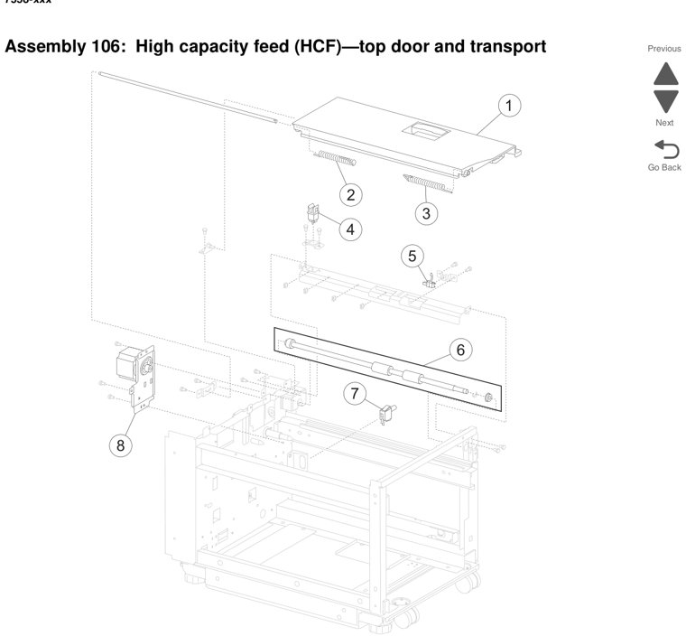 Assembly 106: High capacity feed (HCF)—top door and transport parts diagram - Lexmark X950 X952 X954 Parts
