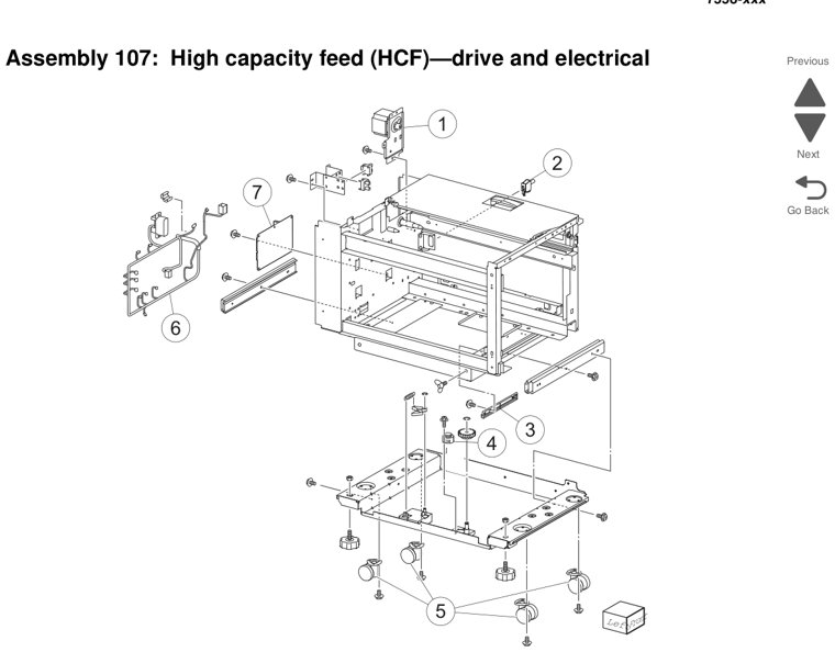 Assembly 107: High capacity feed (HCF)—drive and electrical parts diagram - Lexmark X950 X952 X954 Parts