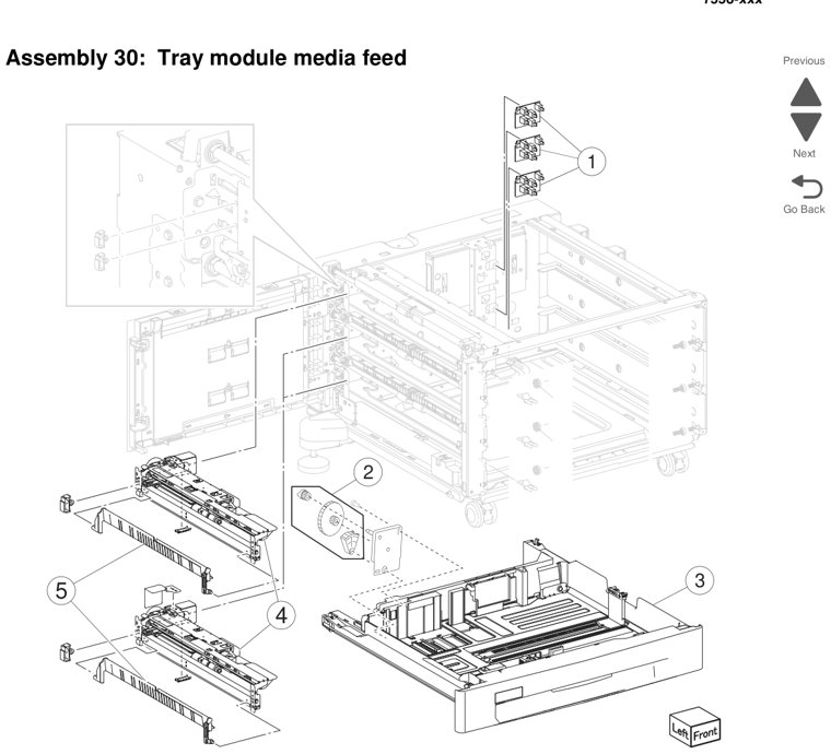 Assembly 30: Tray module media feed parts diagram - Lexmark X950 X952 X954 Parts