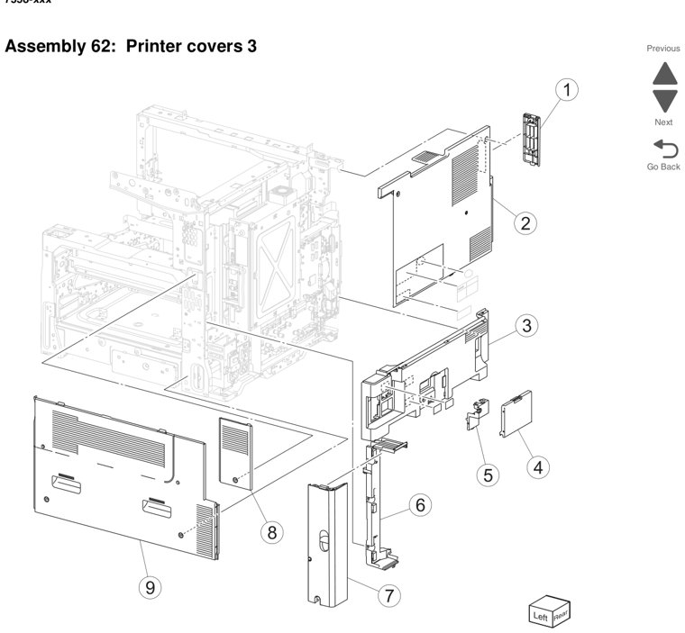 Assembly 62: Printer covers 3 parts diagram - Lexmark X950 X952 X954 Parts