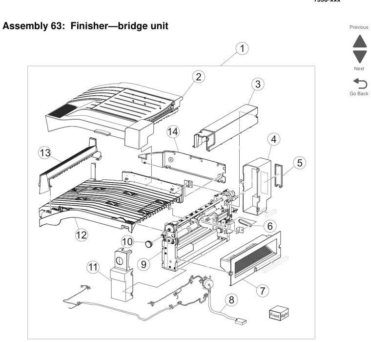 Assembly 63: Finisher—bridge unit parts diagram - Lexmark X950 X952 X954 Parts