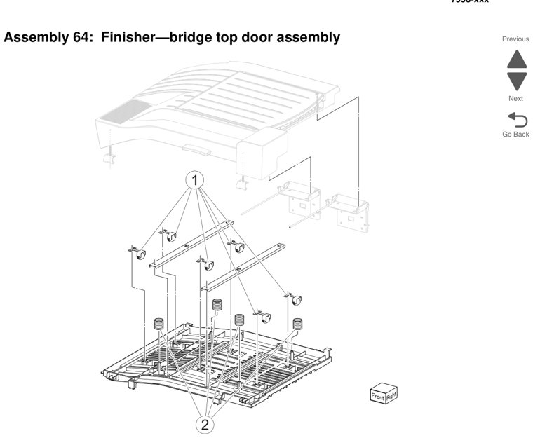 Assembly 64: Finisher—bridge top door assembly parts diagram - Lexmark X950 X952 X954 Parts