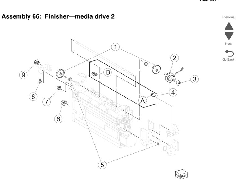 Assembly 66: Finisher—media drive 2 parts diagram - Lexmark X950 X952 X954 Parts