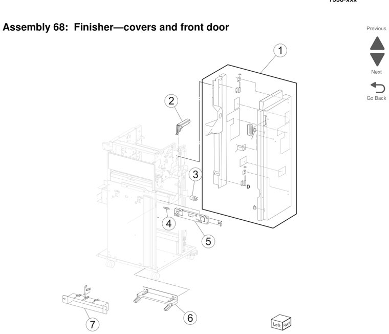 Assembly 68: Finisher—covers and front door parts diagram - Lexmark X950 X952 X954 Parts