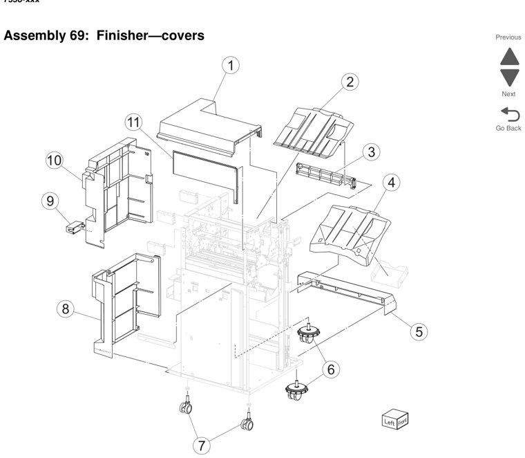Assembly 69: Finisher—covers parts diagram - Lexmark X950 X952 X954 Parts