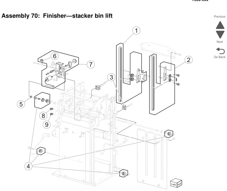 Assembly 70: Finisher—stacker bin lift parts diagram - Lexmark X950 X952 X954 Parts
