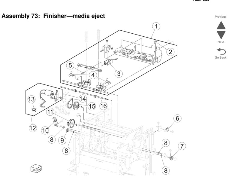 Assembly 73: Finisher—media eject parts diagram - Lexmark X950 X952 X954 Parts
