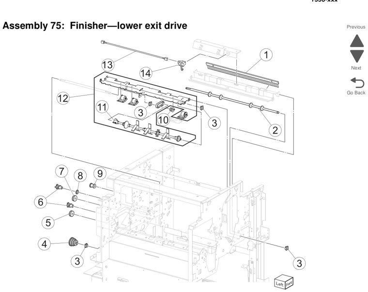 Assembly 75: Finisher—lower exit drive parts diagram - Lexmark X950 X952 X954 Parts