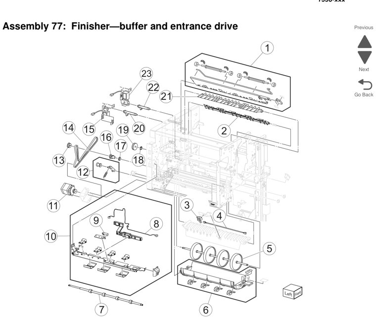 Assembly 77: Finisher—buffer and entrance drive parts diagram - Lexmark X950 X952 X954 Parts