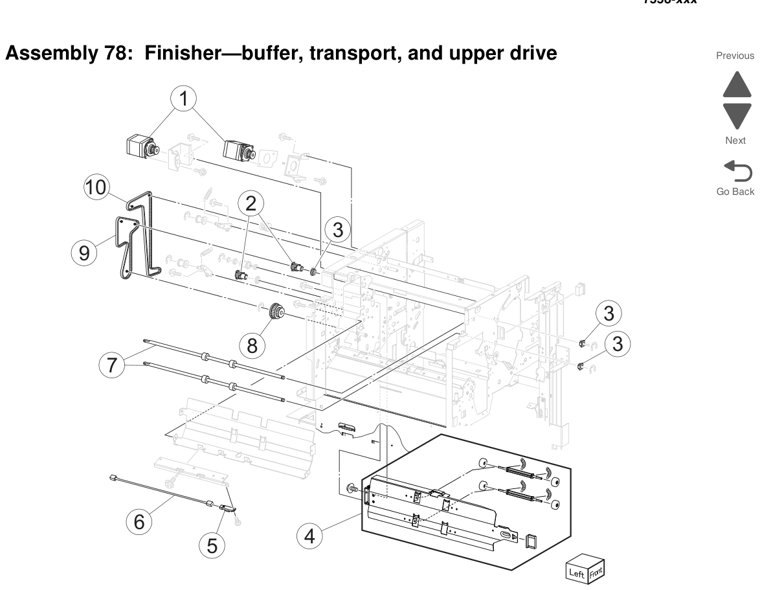Assembly 78: Finisher—buffer, transport, and upper drive parts diagram - Lexmark X950 X952 X954 Parts