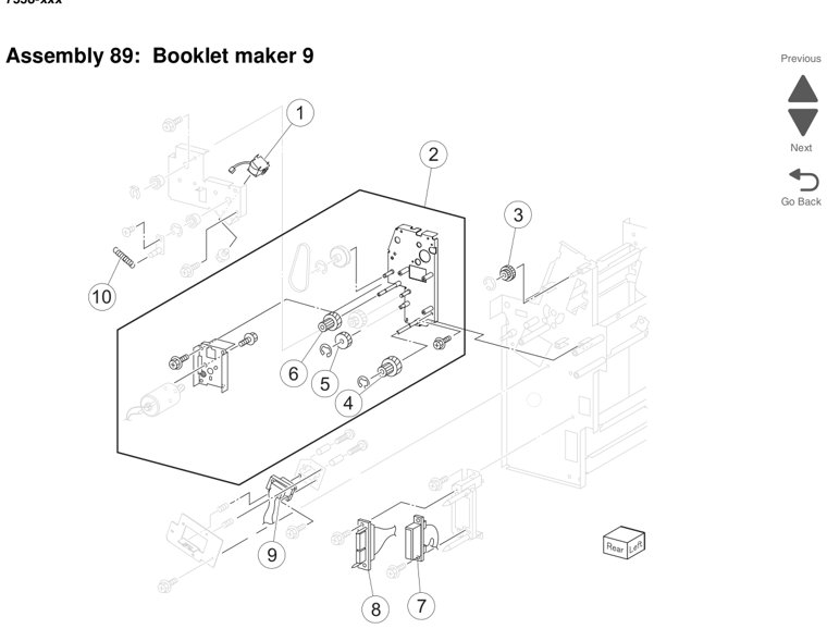 Assembly 89: Booklet maker 9 parts diagram - Lexmark X950 X952 X954 Parts