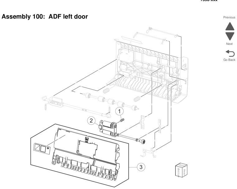 Assembly 100: ADF left door parts diagram - Lexmark X950 X952 X954 Parts