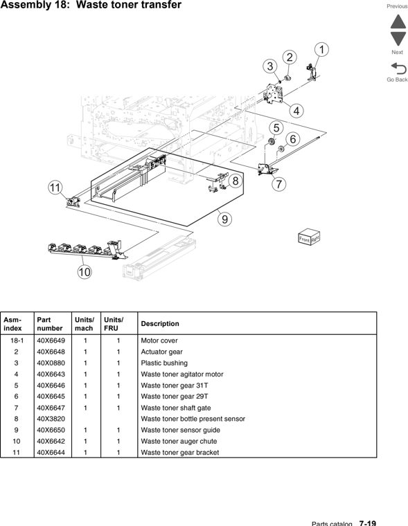 Assembly 18: Waste toner transfer parts diagram - Lexmark C950 Parts
