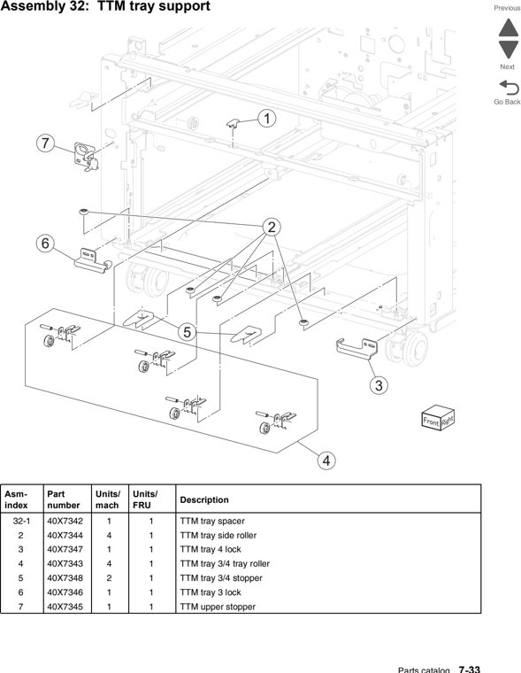 Assembly 32: TTM tray support parts diagram - Lexmark C950 Parts