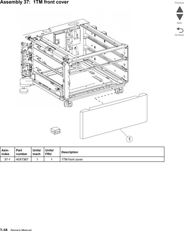 Assembly 37: 1TM front cover parts diagram - Lexmark C950 Parts