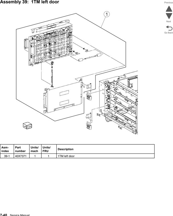 Assembly 39: 1TM left door parts diagram - Lexmark C950 Parts