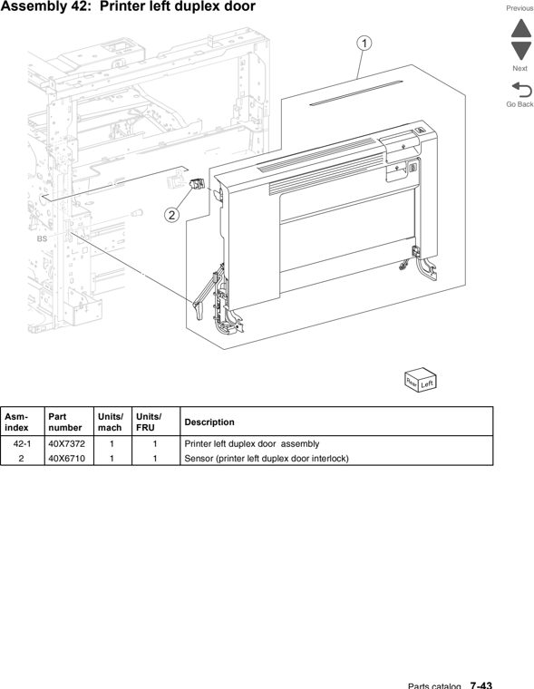 Assembly 42: Printer left duplex door parts diagram - Lexmark C950 Parts