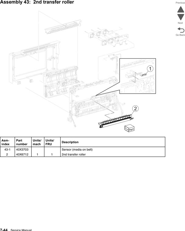Assembly 43: 2nd transfer roller parts diagram - Lexmark C950 Parts