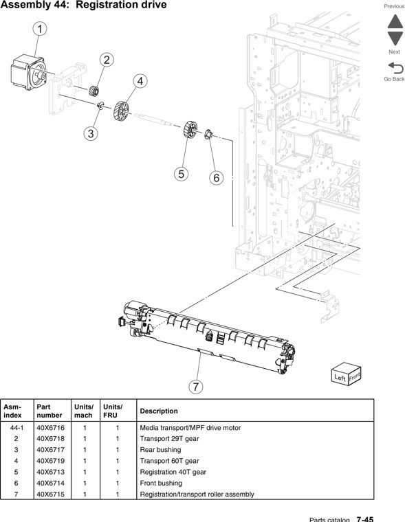 Assembly 44: Registration drive parts diagram - Lexmark C950 Parts