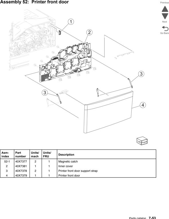 Assembly 52: Printer front door parts diagram - Lexmark C950 Parts