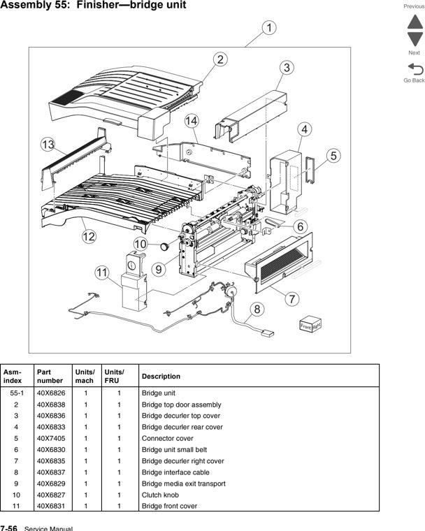 Assembly 55: Finisher—bridge unit parts diagram - Lexmark C950 Parts
