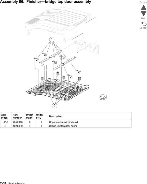 Assembly 56: Finisher—bridge top door assembly parts diagram - Lexmark C950 Parts