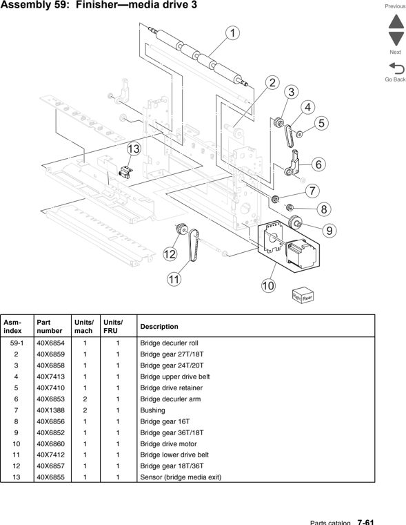 Assembly 59: Finisher—media drive 3 parts diagram - Lexmark C950 Parts