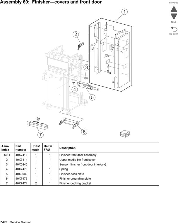 Assembly 60: Finisher—covers and front door parts diagram - Lexmark C950 Parts